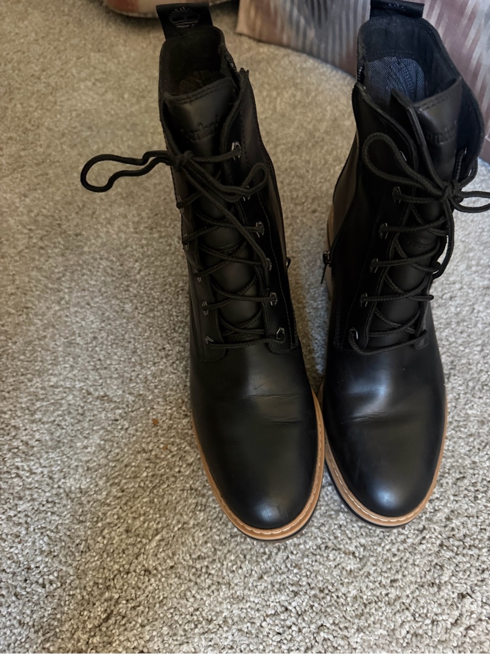 Timberland Black Leather Lace-Up Sienna Combat Boots with Brown Trim
